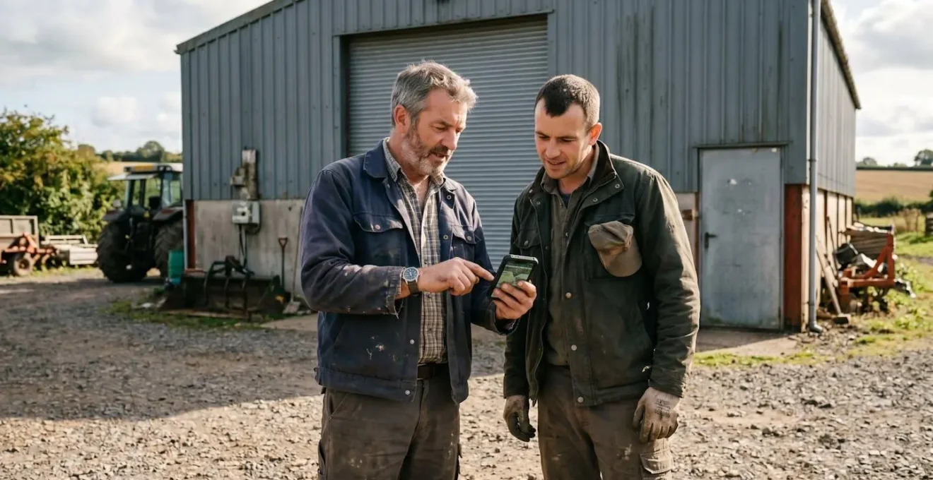 Deux agriculteurs discutant d'un outil de gestion numérique devant un bâtiment agricole, l'un montrant l'écran de son smartphone