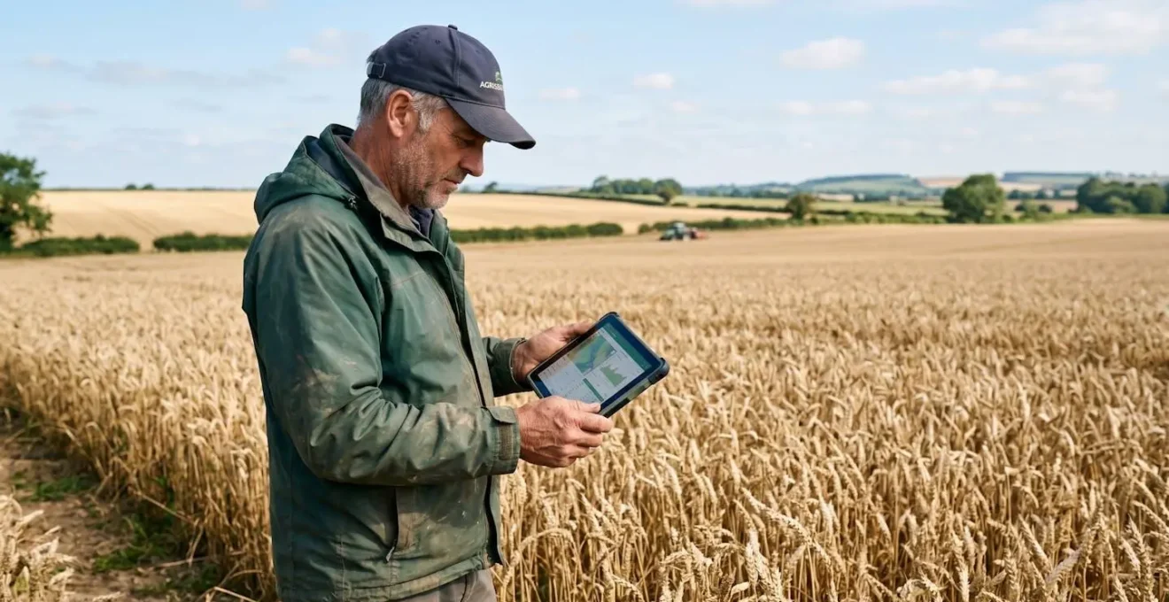 Exploitant agricole consultant une application de gestion sur tablette numérique au bord d'un champ de céréales