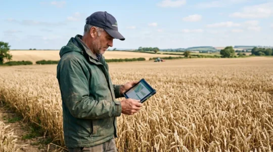 Exploitant agricole consultant une application de gestion sur tablette numérique au bord d'un champ de céréales