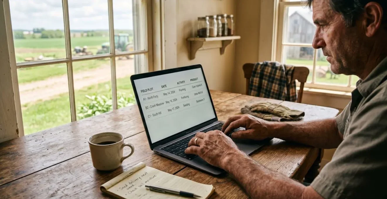 Écran d'interface logicielle affichant un registre de traçabilité agricole avec parcelles et dates d'intervention