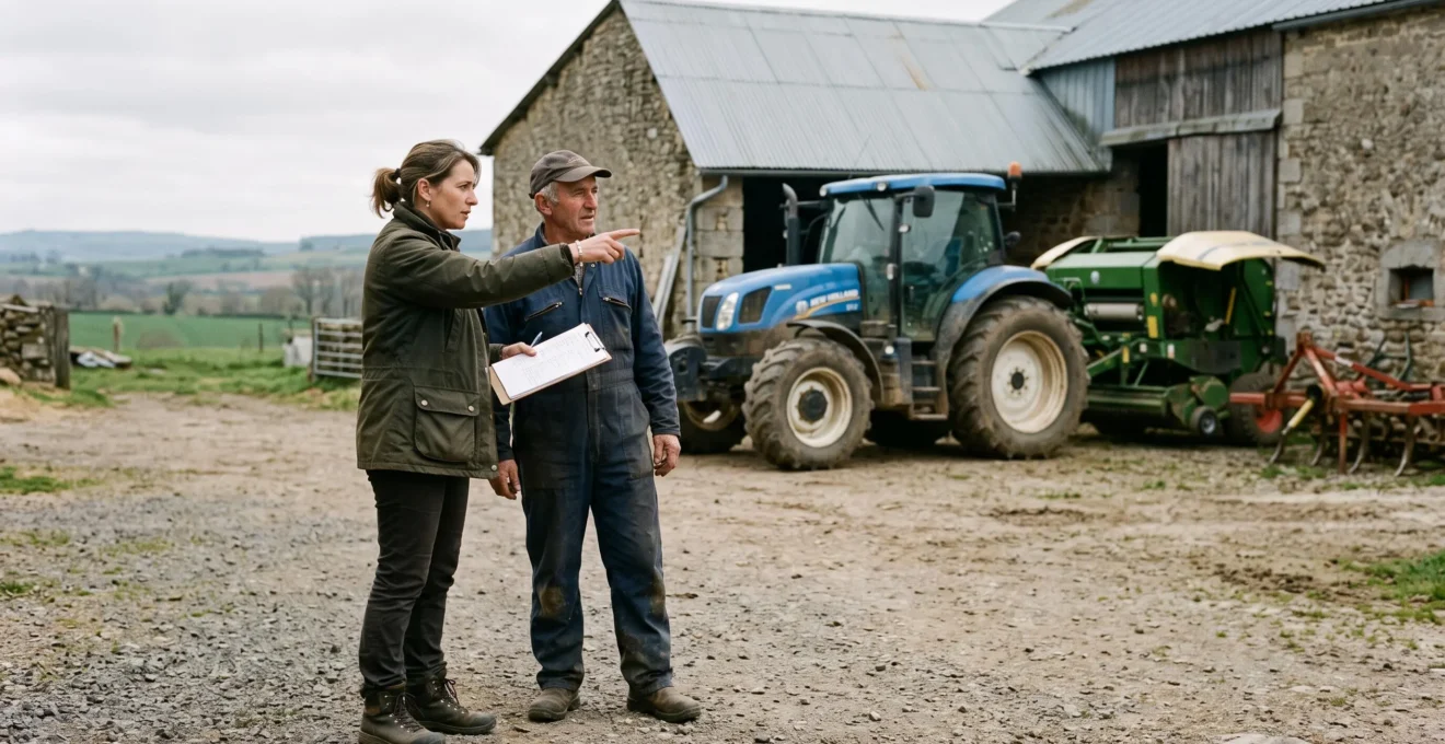 Un conseiller agricole et un exploitant discutent devant un bâtiment d'exploitation avec un tracteur en arrière-plan.