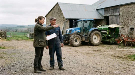 Un conseiller agricole et un exploitant discutent devant un bâtiment d'exploitation avec un tracteur en arrière-plan.