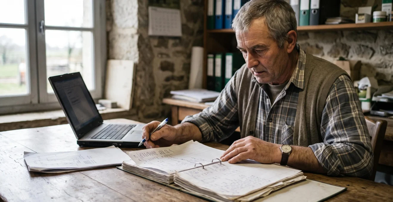 Un exploitant agricole examine des factures et des documents comptables à la table de son bureau.
