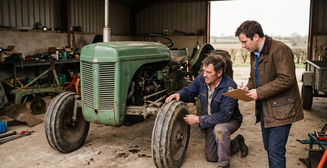 Un agriculteur et un conseiller inspectent ensemble un tracteur d'occasion dans un hangar agricole.