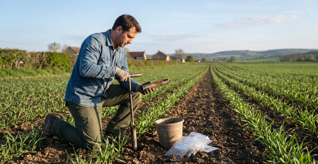 Un technicien prélève un échantillon de sol dans une parcelle cultivée à l'aide d'une sonde manuelle.